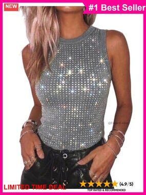 Rhinestone Sleeveless Tank Top Y2K Slim Fit Summer Party Going Out